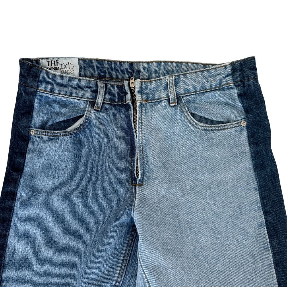 Zara Trf Denim Two Tone Raw Hem Distressed Straight Leg Jeans - Picture 2 of 8